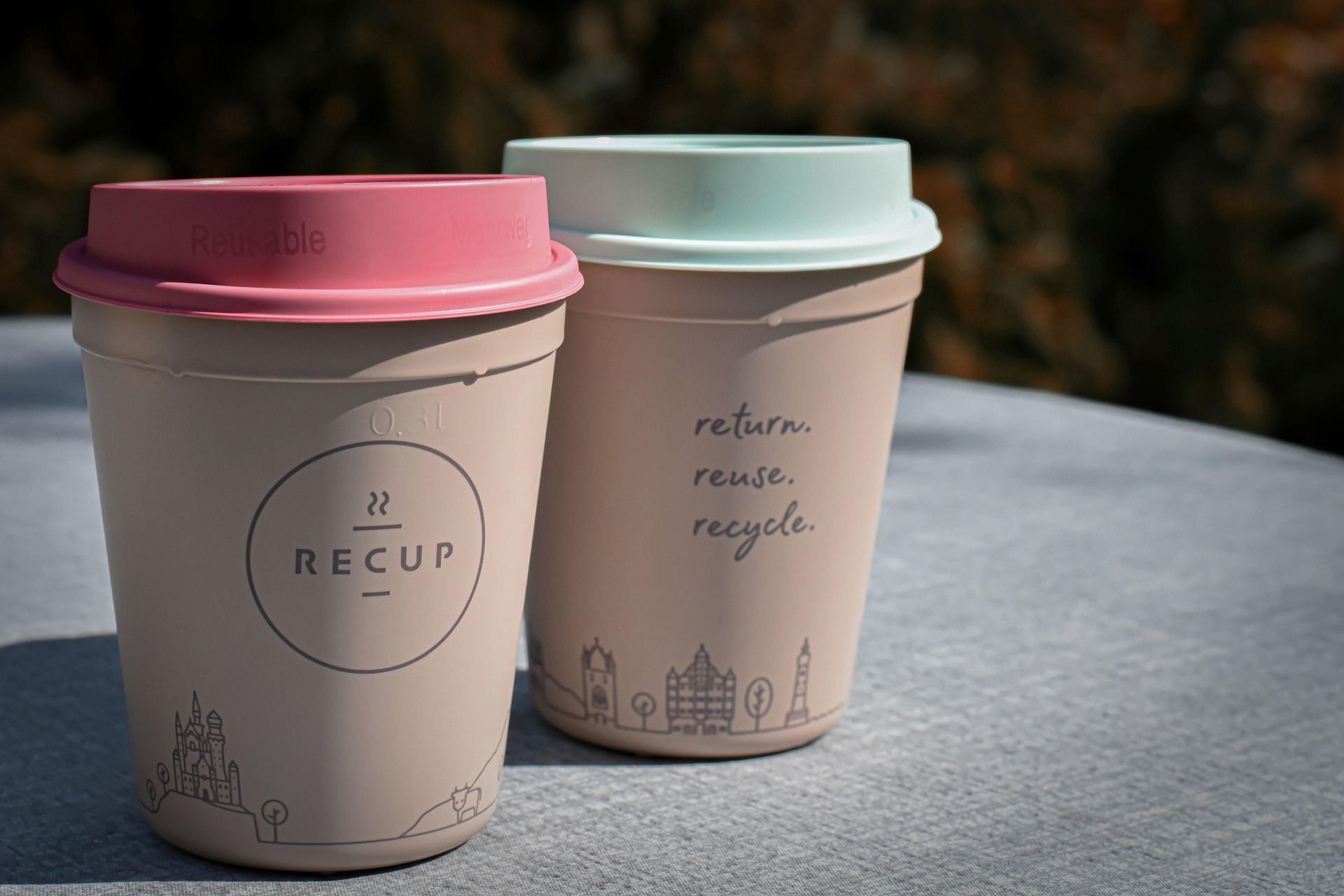 Reusable branded coffee cup on an office desk