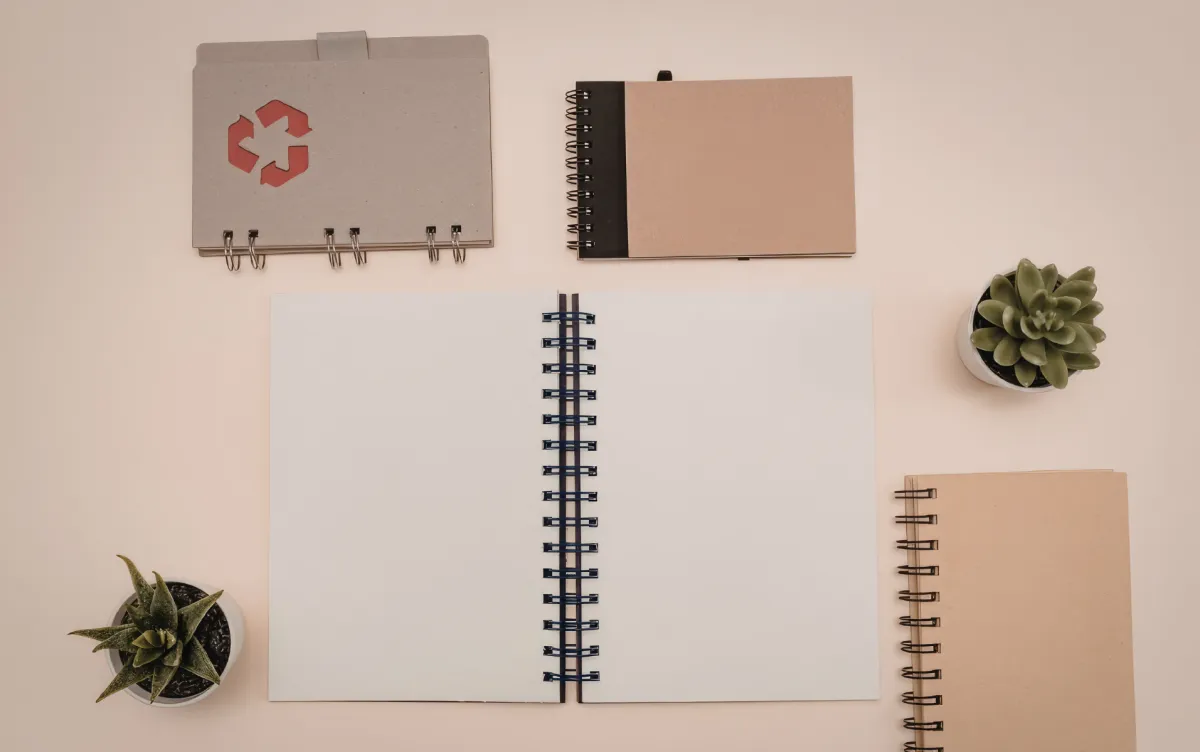 Zero-waste office supplies on a tidy desk with recycled folders and a bamboo organiser.