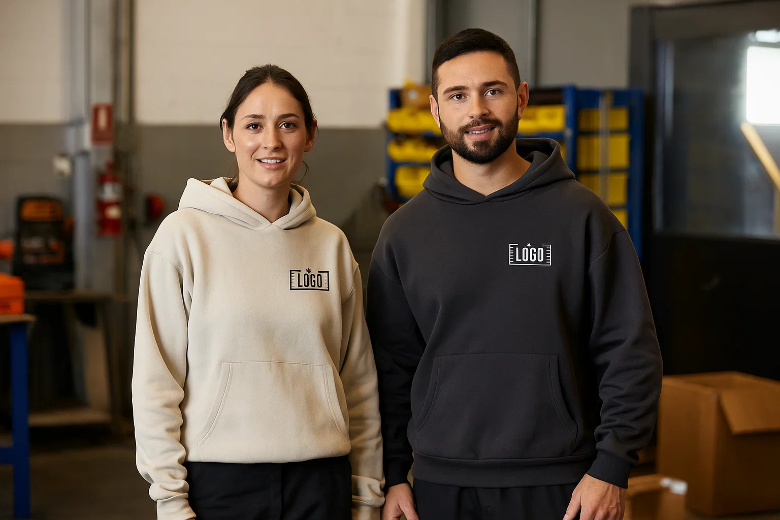 Mand and woman in promotional on-brand clothing